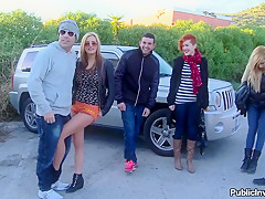 Natural titted Russian stripping in public