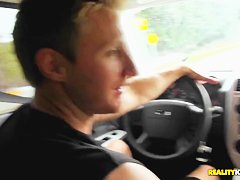 Adorable blonde is driving around with dirty dude