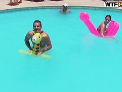 Bunch of chubby female asses swim in the pool