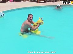 Bunch of chubby female asses swim in the pool
