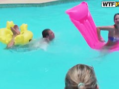 Bunch of chubby female asses swim in the pool