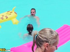 Bunch of chubby female asses swim in the pool