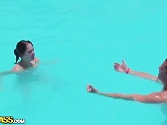 Bunch of chubby female asses swim in the pool