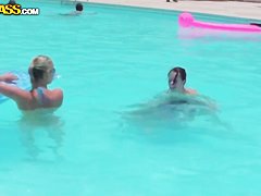 Bunch of chubby female asses swim in the pool