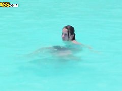 Bunch of chubby female asses swim in the pool