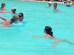 Bunch of chubby female asses swim in the pool
