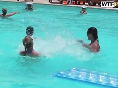 Bunch of chubby female asses swim in the pool