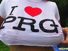Busty blond hottie Katerina got caught masturbating outdoors and fucks with David