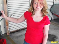 Teen cutie sucking a cock for money in the garage