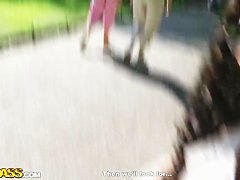 Cute curly brunette Leonora shows her boobs in park