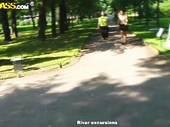 Cute curly brunette Leonora shows her boobs in park