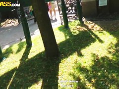 Cute curly brunette Leonora shows her boobs in park