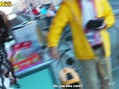 Cute curly brunette Leonora shows her boobs in park