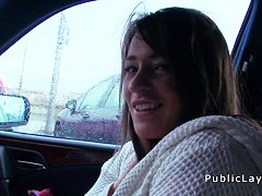 Brunette amateur babe bangs in car in public