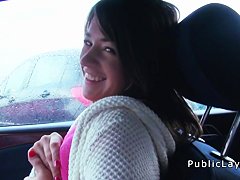 Brunette amateur babe bangs in car in public