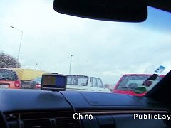 Brunette amateur babe bangs in car in public