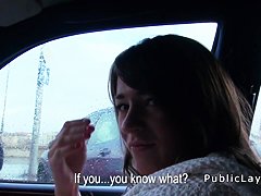 Brunette amateur babe bangs in car in public