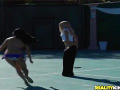 Some crazy and hot bitches getting naked and naughty outdoors