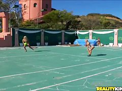 Some crazy and hot bitches getting naked and naughty outdoors