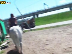 Cowgirl Mila strikes lad's cock with her pierced tongue