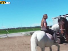 Cowgirl Mila strikes lad's cock with her pierced tongue