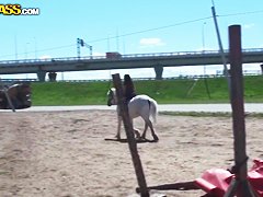 Cowgirl Mila strikes lad's cock with her pierced tongue