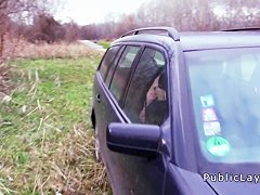 Amateur Euro babe licks ass and sucks cock in public