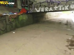 Pretty young Nesty does blowjob in public