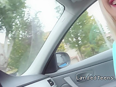 Hot blonde with huge tits banged in car