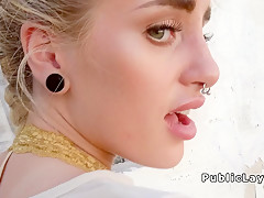 Friendly stunning blonde bangs outdoor pov