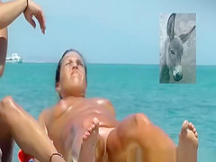 Not tanned pussy in tanned nudist