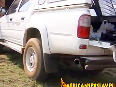 Ebony couple fucking outdoors at back of the truck