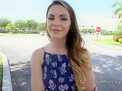 Cute brunette bangs in public restroom