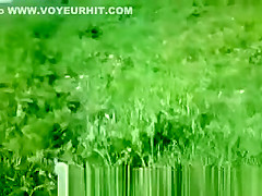 Woman sunbathing topless in grass