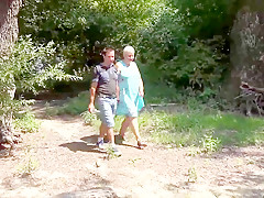 Bare bold nudist granny and junior cock admirer