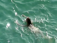 Nudist brunette swims in the water