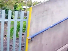 Small titted milf suzy toys herself on train station bridge.