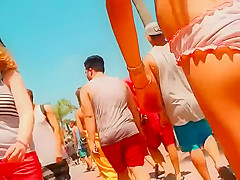 Following cute teen girls to the beach