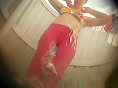 Tight body blonde spied in beach cabin