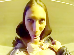 Slut on rollerblades gives outdoor blowjob