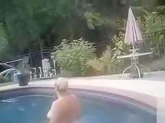 My buddy's fat mom took a swim in the pool completely naked