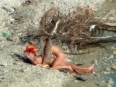 Lazy guy cums into a girlfriend's pussy on the nudist beach