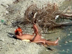 Lazy guy cums into a girlfriend's pussy on the nudist beach