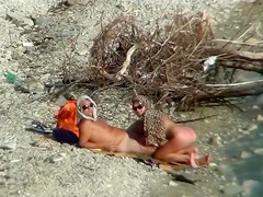 Lazy guy cums into a girlfriend's pussy on the nudist beach