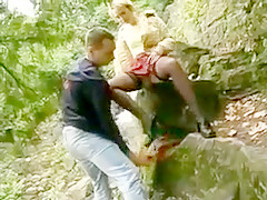 Blonde in chcecked skirt fucked outdoors