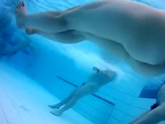 Naked men and women in the pool filmed underwater