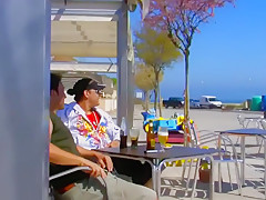 Two guy seduce two girls on sex on beach