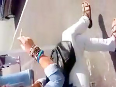 Bus stop flasher cums on girl