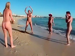 Four playful chicks and one ball