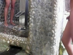 Nudist women filmed in secret at the shower cabins at beach
